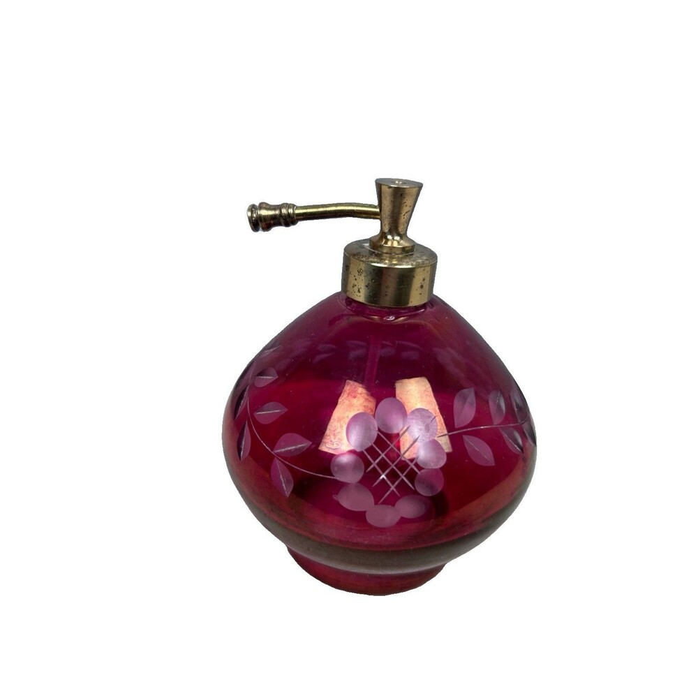 VTG Irice ruby etched glass perfume bottle Made in Portugal Missing Atomizer